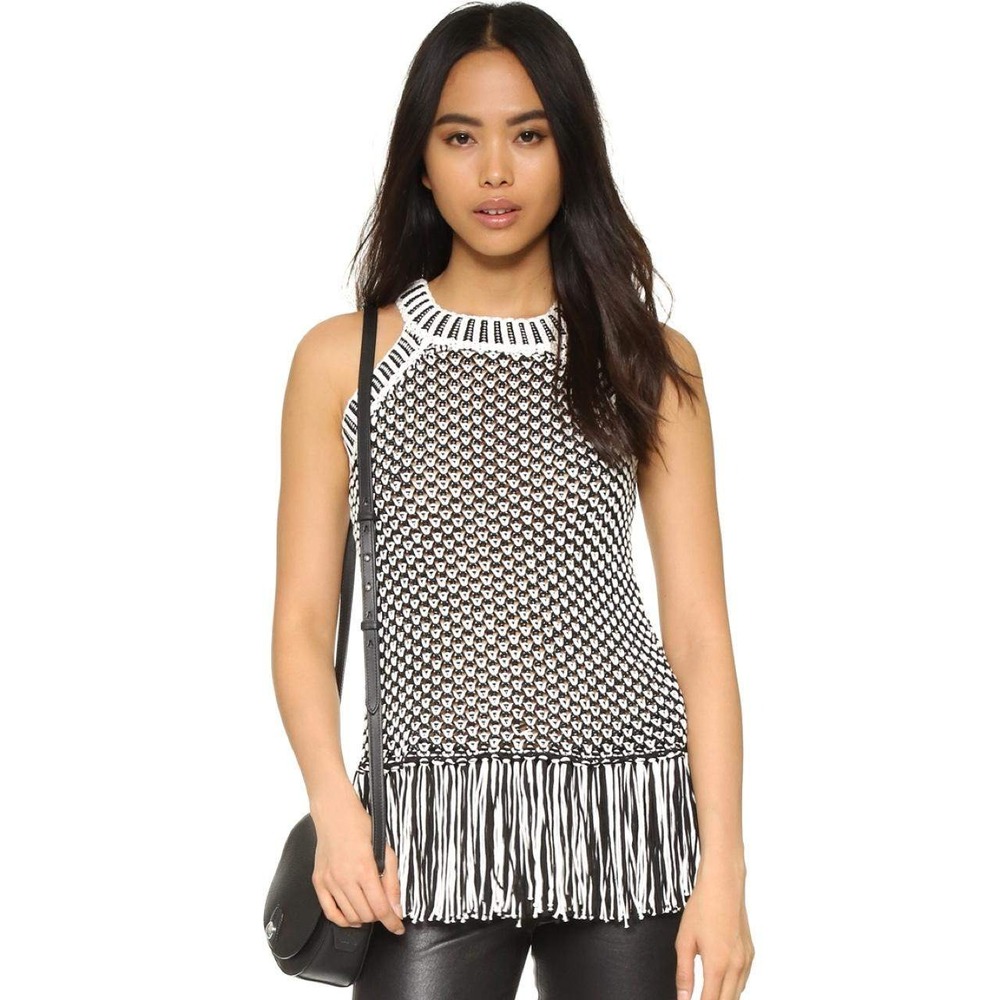 Whistles Manderley Crochet Vest Womens Medium‎ Black White Fringe Boho Knit Top